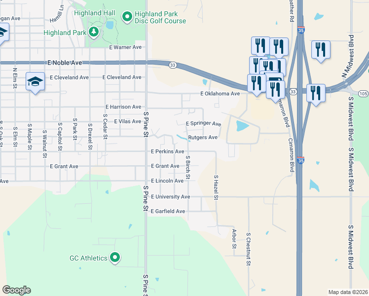 map of restaurants, bars, coffee shops, grocery stores, and more near 1720 East Perkins Avenue in Guthrie