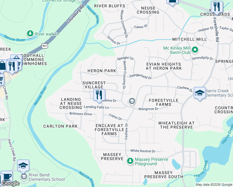 map of restaurants, bars, coffee shops, grocery stores, and more near 3224 Suncrest Village Lane in Raleigh