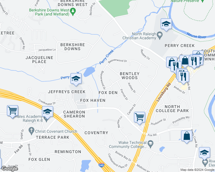map of restaurants, bars, coffee shops, grocery stores, and more near 6907 Havenwood Drive in Raleigh