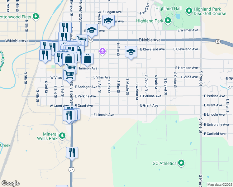 map of restaurants, bars, coffee shops, grocery stores, and more near 419 South Elm Street in Guthrie