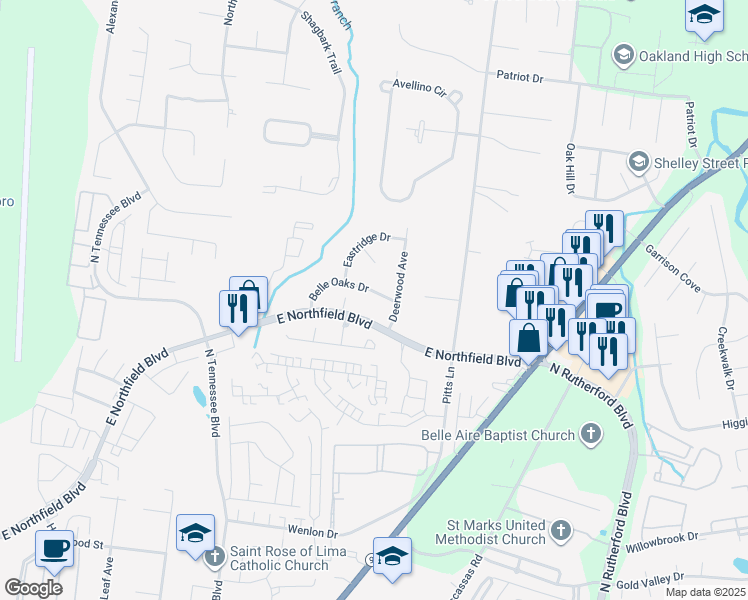 map of restaurants, bars, coffee shops, grocery stores, and more near 1514 Belle Oaks Drive in Murfreesboro