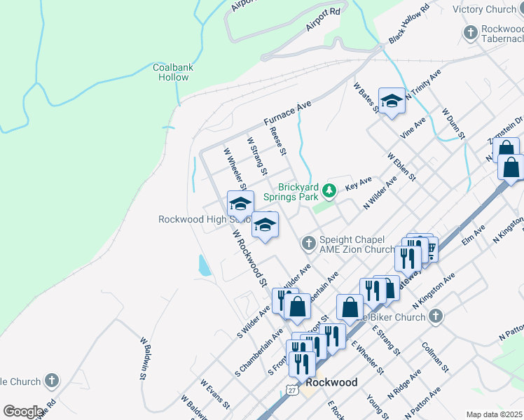 map of restaurants, bars, coffee shops, grocery stores, and more near 512 West Rockwood Street in Rockwood