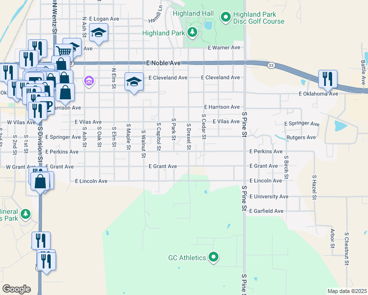 map of restaurants, bars, coffee shops, grocery stores, and more near 423 South Drexel Street in Guthrie