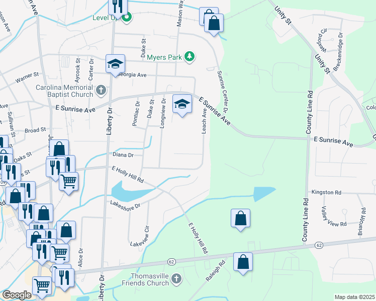 map of restaurants, bars, coffee shops, grocery stores, and more near 917 East Sunrise Avenue in Thomasville
