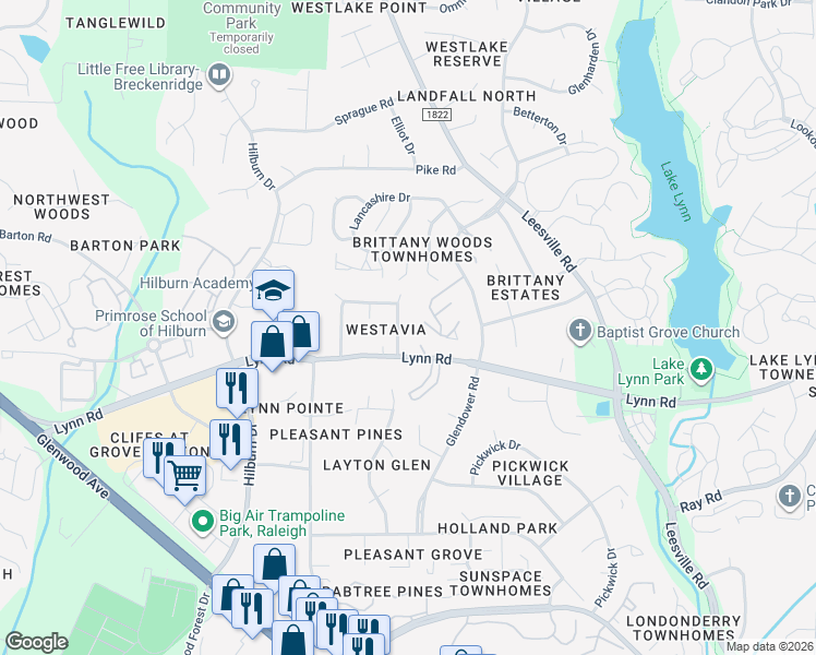 map of restaurants, bars, coffee shops, grocery stores, and more near 6912 Spring Drive in Raleigh