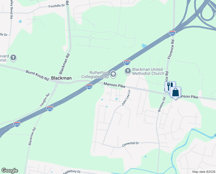 map of restaurants, bars, coffee shops, grocery stores, and more near 4431 Cross Keys Way in Murfreesboro