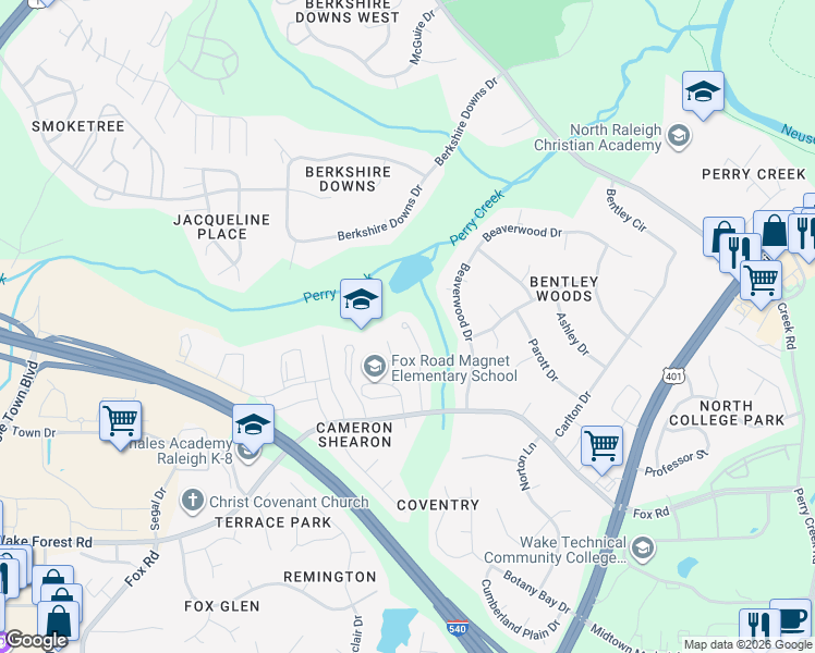 map of restaurants, bars, coffee shops, grocery stores, and more near 7020 Fox Haven Place in Raleigh