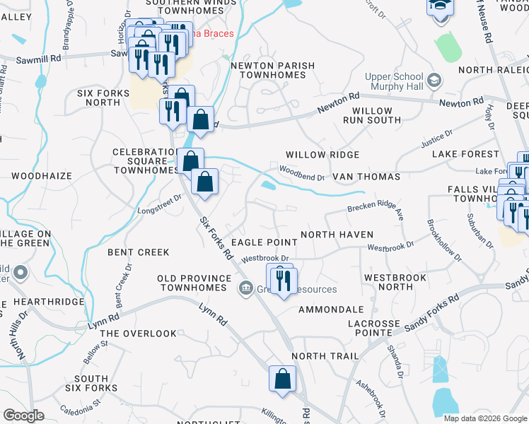 map of restaurants, bars, coffee shops, grocery stores, and more near 103 Bramble Court in Raleigh