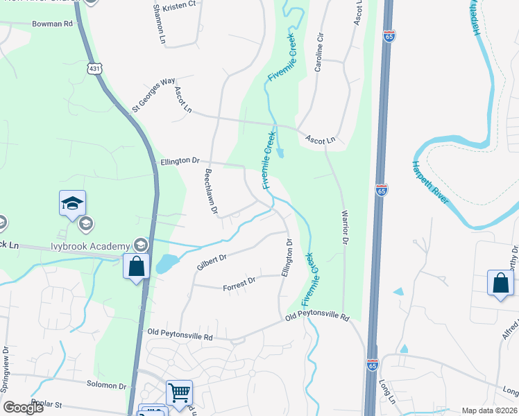 map of restaurants, bars, coffee shops, grocery stores, and more near 400 Ellington Drive in Franklin