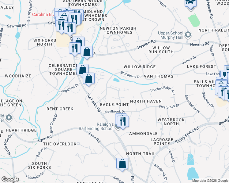 map of restaurants, bars, coffee shops, grocery stores, and more near 103 Bramble Court in Raleigh