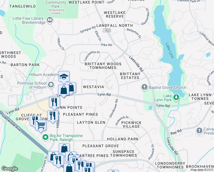 map of restaurants, bars, coffee shops, grocery stores, and more near 4606 Hamptonshire Drive in Raleigh