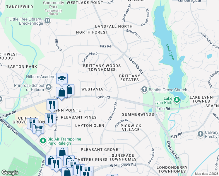 map of restaurants, bars, coffee shops, grocery stores, and more near 4606 Hamptonshire Drive in Raleigh