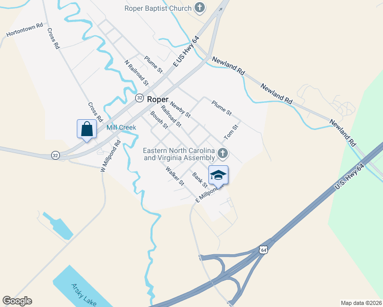 map of restaurants, bars, coffee shops, grocery stores, and more near 323 May Street in Roper