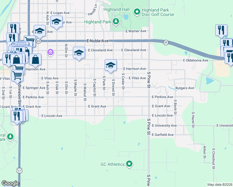 map of restaurants, bars, coffee shops, grocery stores, and more near 1124 East Perkins Avenue in Guthrie
