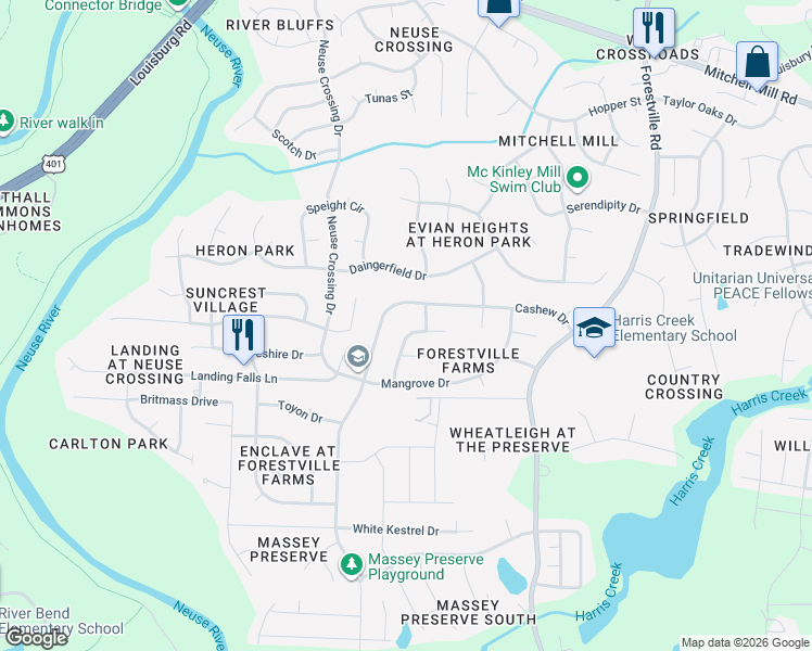map of restaurants, bars, coffee shops, grocery stores, and more near 3224 Pomegranate Drive in Raleigh