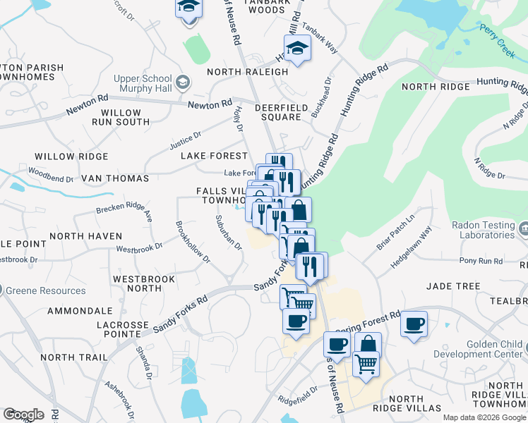 map of restaurants, bars, coffee shops, grocery stores, and more near 6653 Falls of Neuse Road in Raleigh