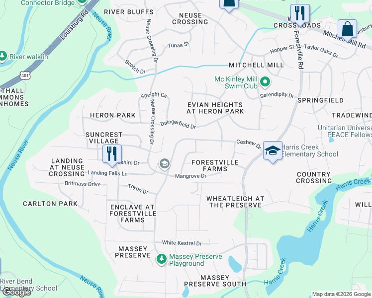 map of restaurants, bars, coffee shops, grocery stores, and more near 3224 Pomegranate Drive in Raleigh
