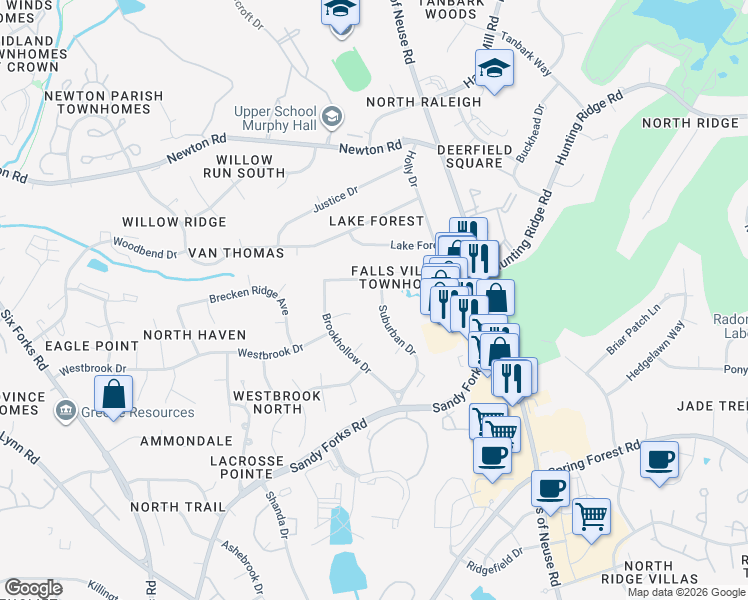 map of restaurants, bars, coffee shops, grocery stores, and more near 713 Radburn Place in Raleigh