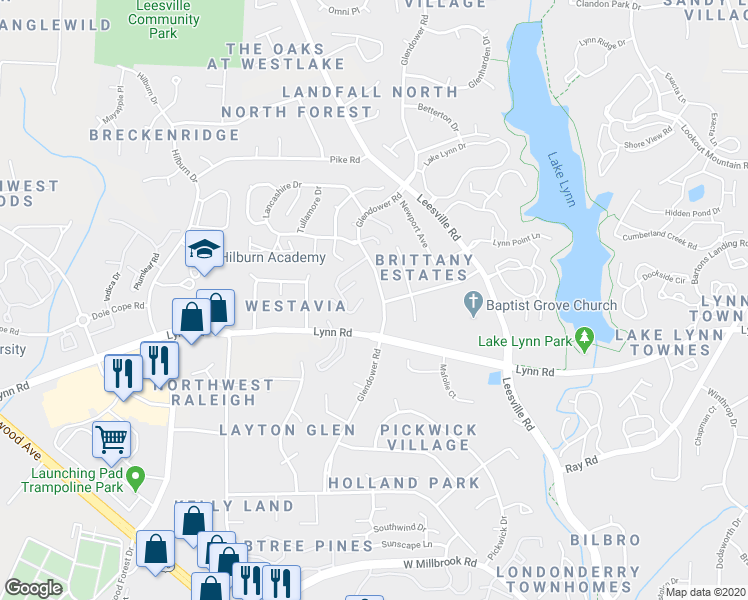 map of restaurants, bars, coffee shops, grocery stores, and more near 6813 Glendower Road in Raleigh