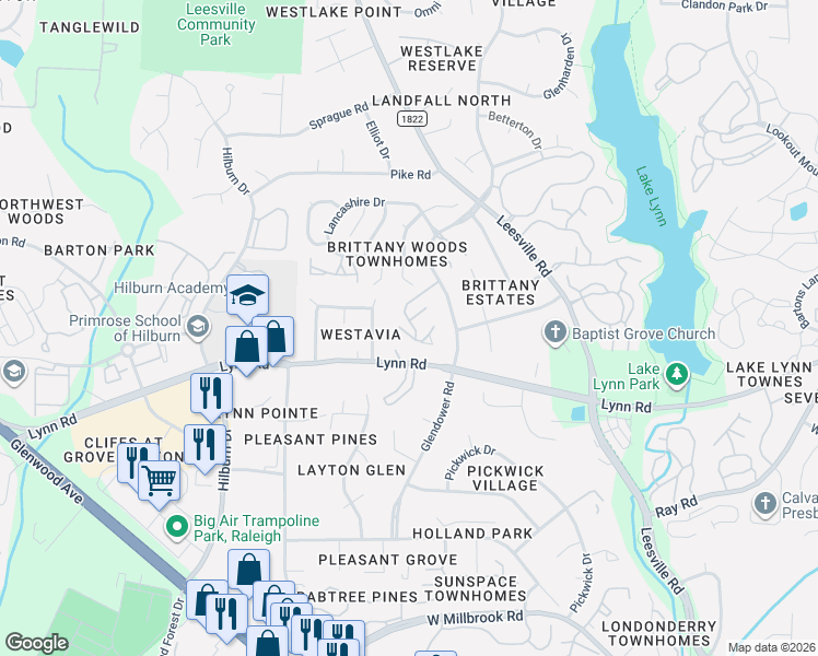 map of restaurants, bars, coffee shops, grocery stores, and more near 4606 Hamptonshire Drive in Raleigh