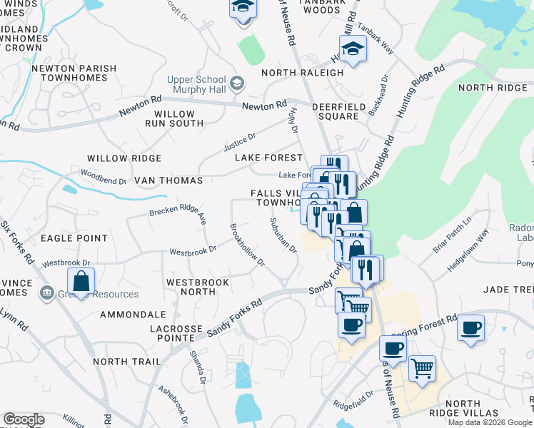 map of restaurants, bars, coffee shops, grocery stores, and more near 713 Radburn Place in Raleigh
