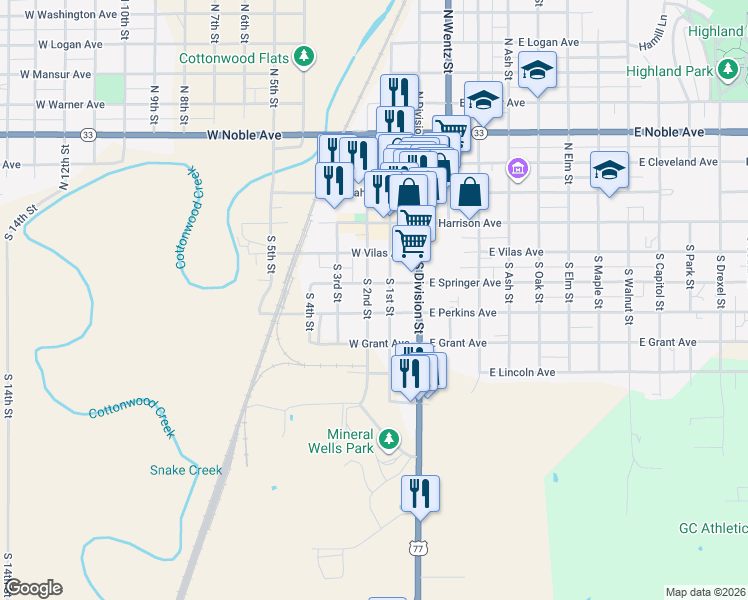 map of restaurants, bars, coffee shops, grocery stores, and more near 407 South 2nd Street in Guthrie
