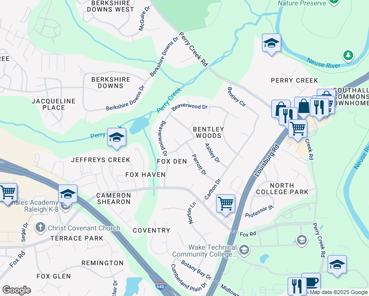 map of restaurants, bars, coffee shops, grocery stores, and more near 7313 Parrott Drive in Raleigh