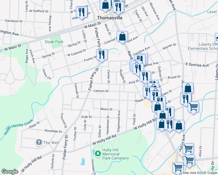 map of restaurants, bars, coffee shops, grocery stores, and more near 114 Cannon Street in Thomasville