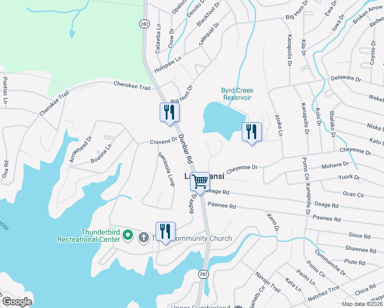 map of restaurants, bars, coffee shops, grocery stores, and more near 2580 Dunbar Road in Crossville