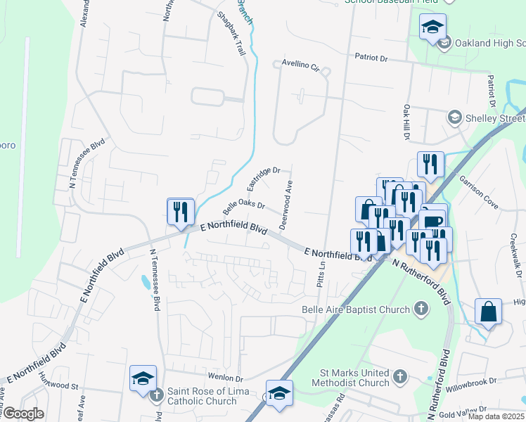 map of restaurants, bars, coffee shops, grocery stores, and more near 1514 Belle Oaks Drive in Murfreesboro