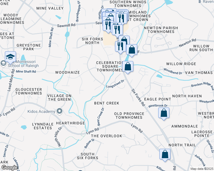 map of restaurants, bars, coffee shops, grocery stores, and more near 7104 Longstreet Drive in Raleigh