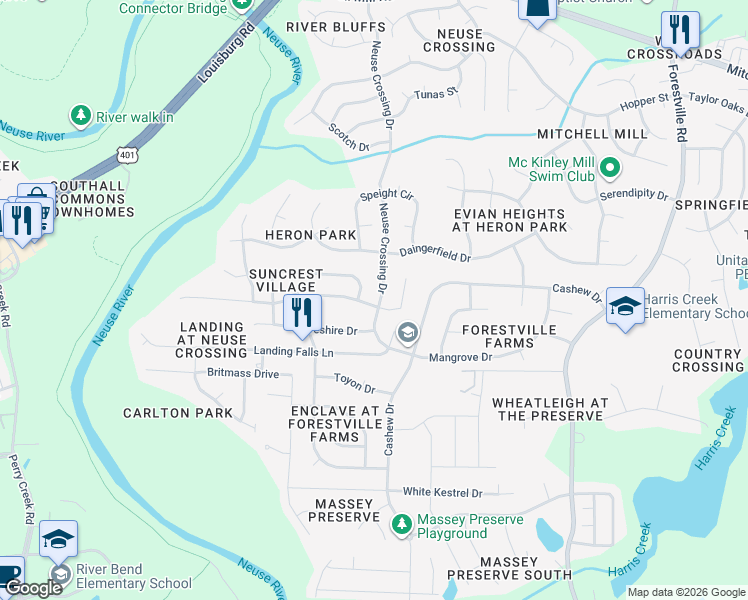 map of restaurants, bars, coffee shops, grocery stores, and more near 3224 Suncrest Village Lane in Raleigh