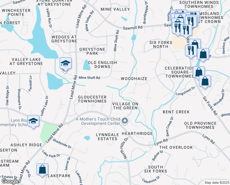 map of restaurants, bars, coffee shops, grocery stores, and more near 7332 Summerland Drive in Raleigh