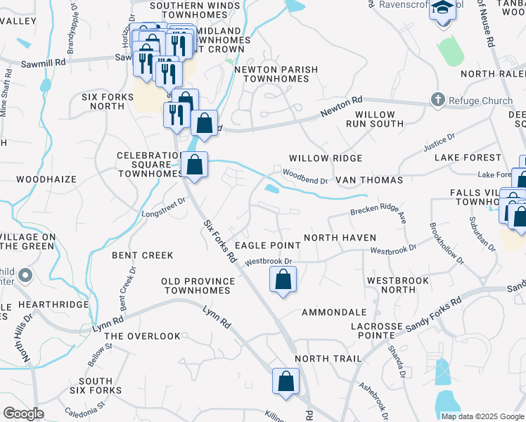 map of restaurants, bars, coffee shops, grocery stores, and more near 103 Bramble Court in Raleigh
