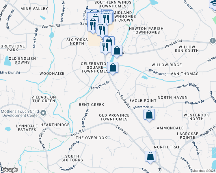 map of restaurants, bars, coffee shops, grocery stores, and more near 7017 Mine Creek Lane in Raleigh