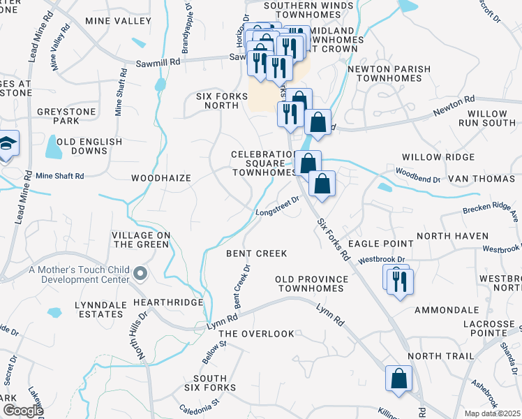 map of restaurants, bars, coffee shops, grocery stores, and more near 7601 Stuart Drive in Raleigh