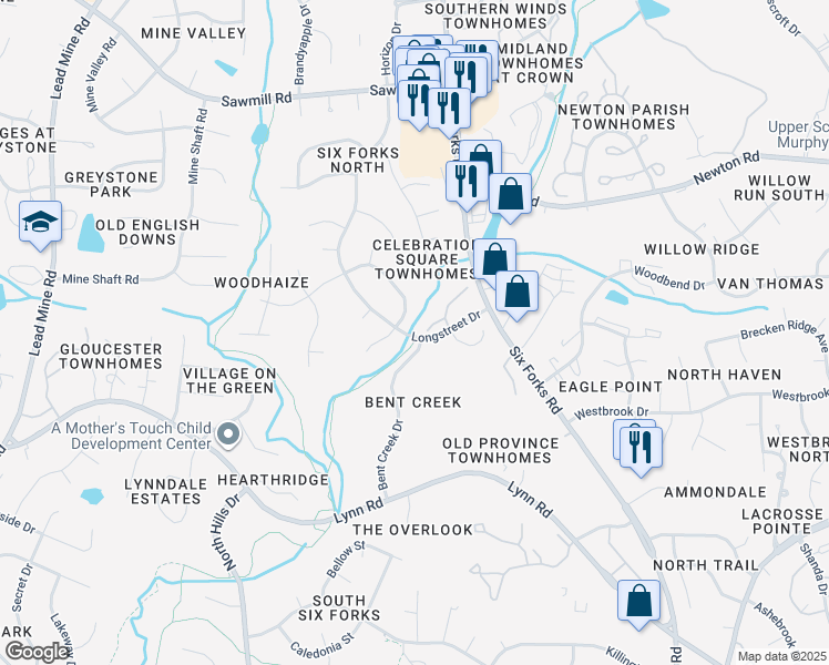 map of restaurants, bars, coffee shops, grocery stores, and more near 7601 Stuart Drive in Raleigh