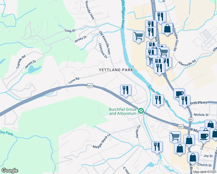 map of restaurants, bars, coffee shops, grocery stores, and more near 625 West Main Street in Sevierville