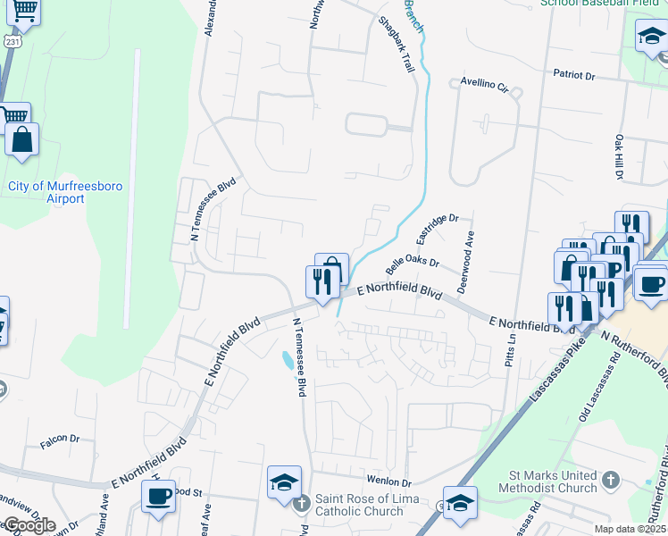 map of restaurants, bars, coffee shops, grocery stores, and more near 1225 East Northfield Boulevard in Murfreesboro