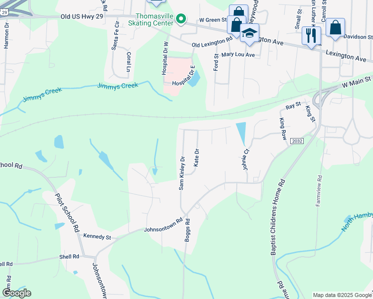 map of restaurants, bars, coffee shops, grocery stores, and more near 214 Sam Kinley Drive in Thomasville