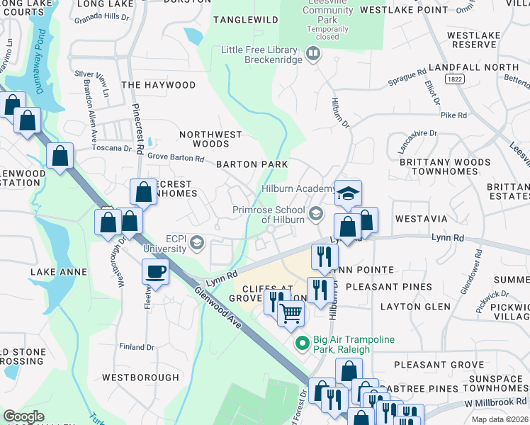map of restaurants, bars, coffee shops, grocery stores, and more near Grove Barton Road in Raleigh