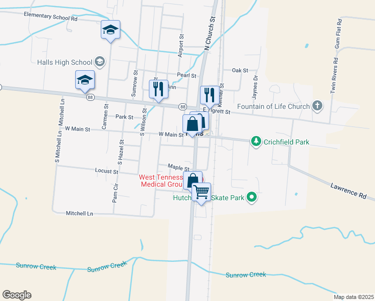 map of restaurants, bars, coffee shops, grocery stores, and more near 115 West Shannon Street in Halls