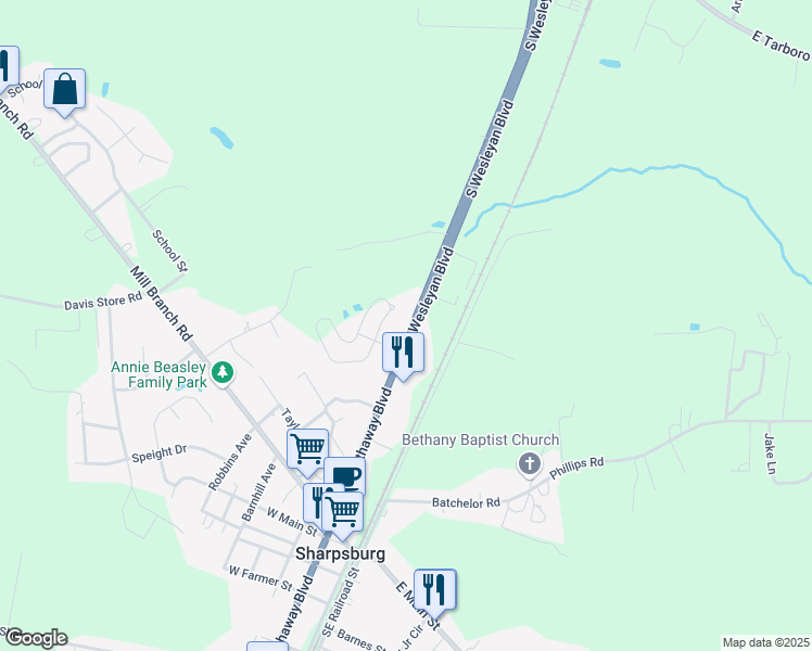 map of restaurants, bars, coffee shops, grocery stores, and more near 3526 South Wesleyan Boulevard in Rocky Mount