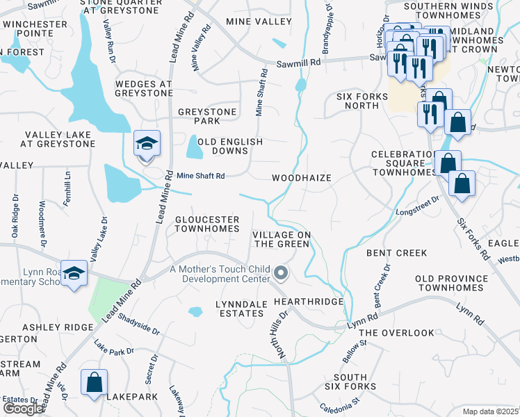 map of restaurants, bars, coffee shops, grocery stores, and more near 7332 Summerland Drive in Raleigh