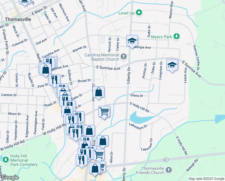 map of restaurants, bars, coffee shops, grocery stores, and more near 305 East Holly Hill Road in Thomasville