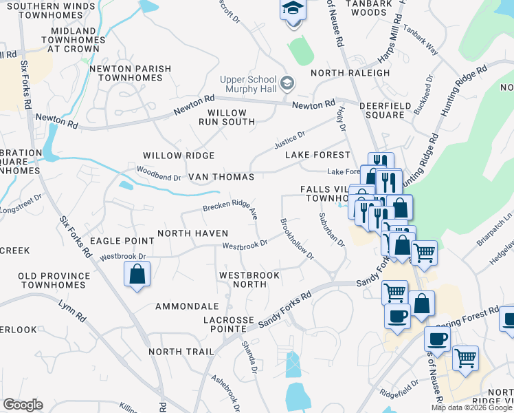 map of restaurants, bars, coffee shops, grocery stores, and more near 7105 Brecken Ridge Avenue in Raleigh