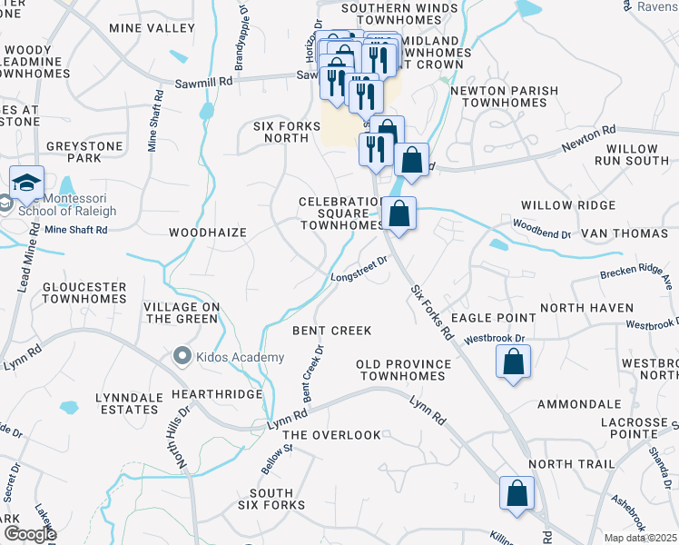 map of restaurants, bars, coffee shops, grocery stores, and more near 7036 Longstreet Drive in Raleigh