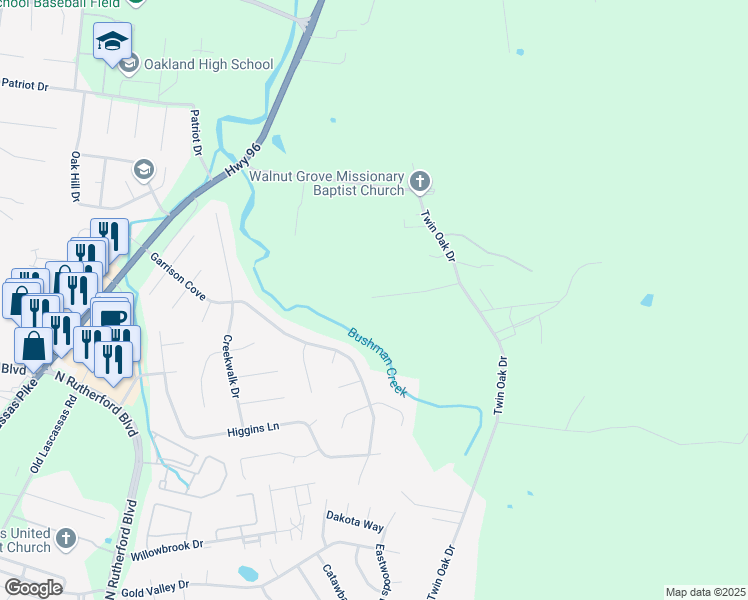 map of restaurants, bars, coffee shops, grocery stores, and more near 2413 Robin Court in Murfreesboro