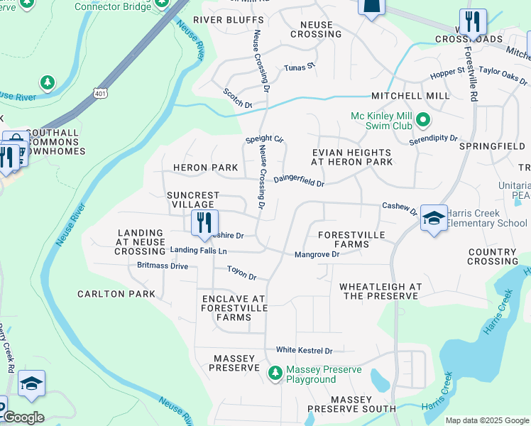 map of restaurants, bars, coffee shops, grocery stores, and more near 3304 Neuse Crossing Drive in Raleigh