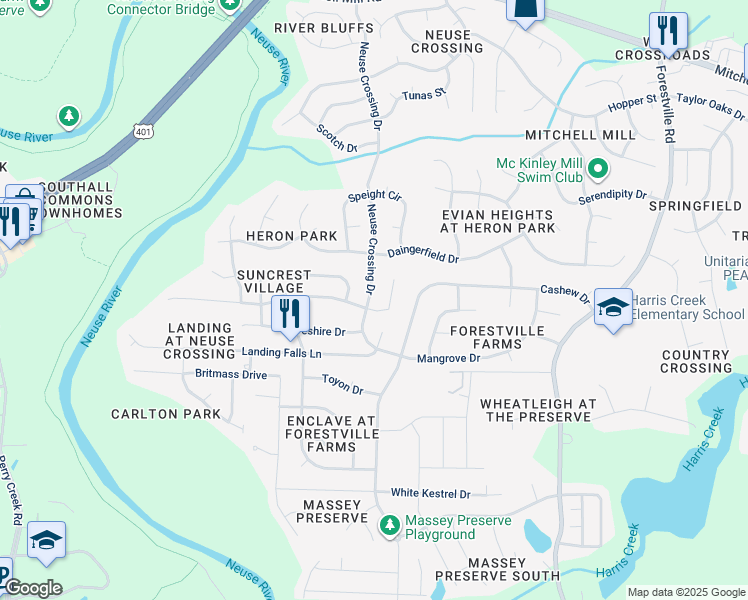 map of restaurants, bars, coffee shops, grocery stores, and more near 3304 Neuse Crossing Drive in Raleigh